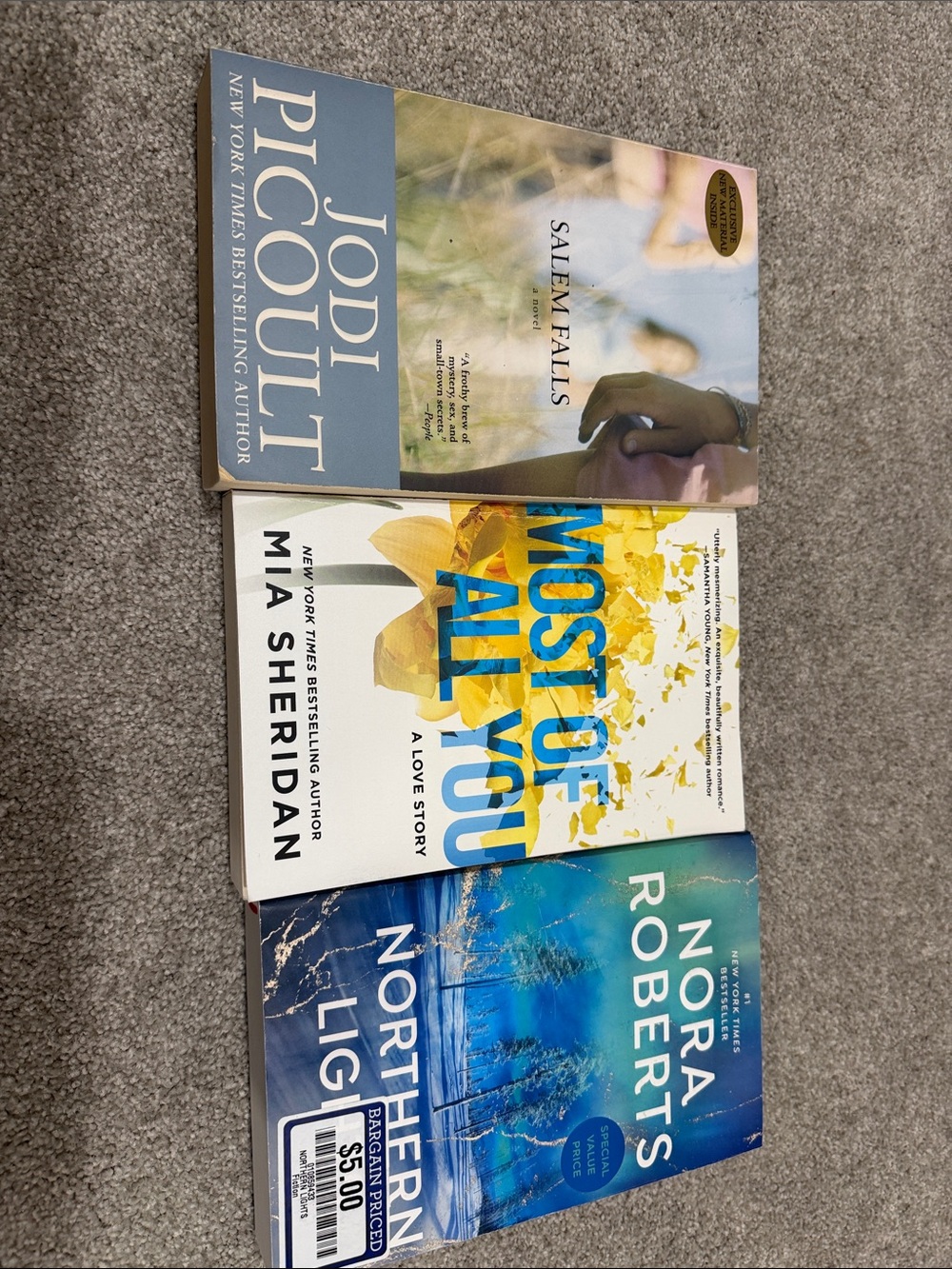 Set of 3 Paperback Romance/Contemporary Novels - Blue, White, Yellow Covers